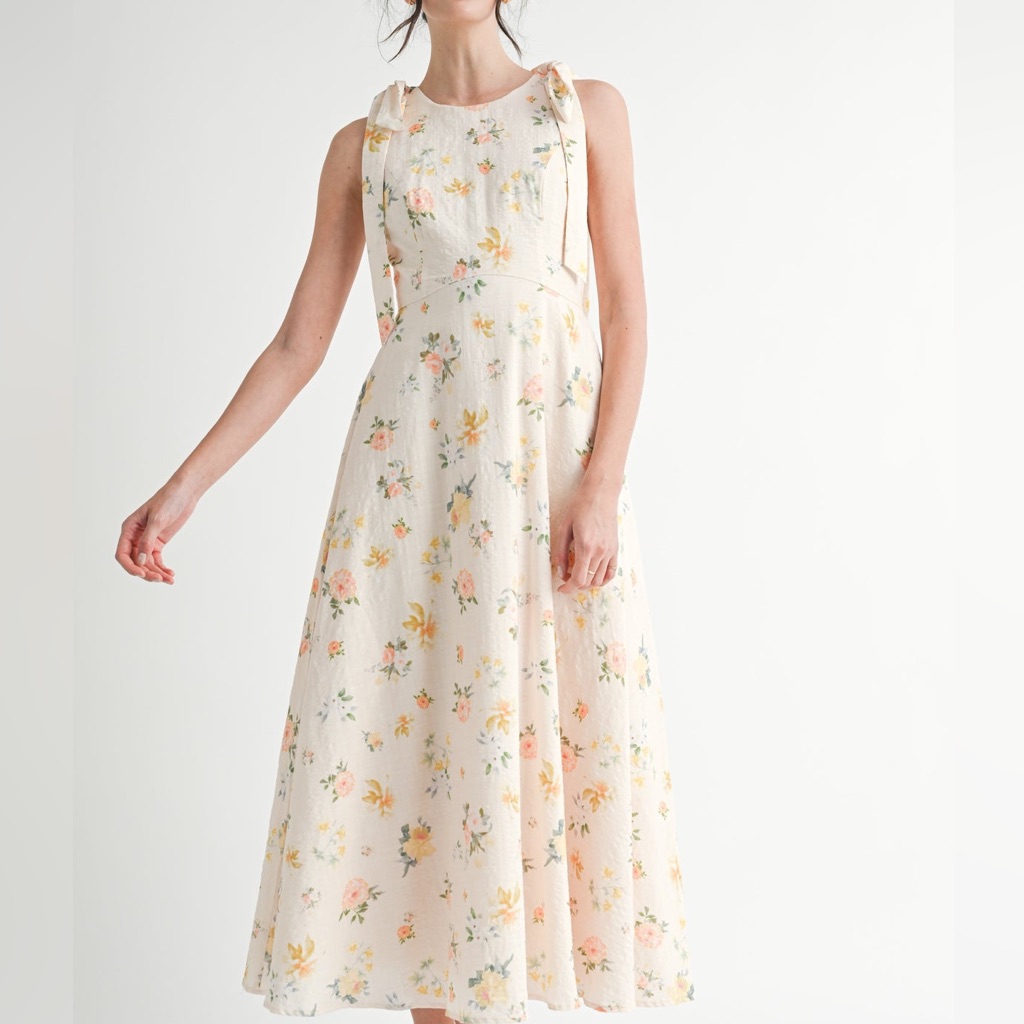 Mable Floral Tie Shoulder Maxi Dress W/ Tulle Lining Size S
